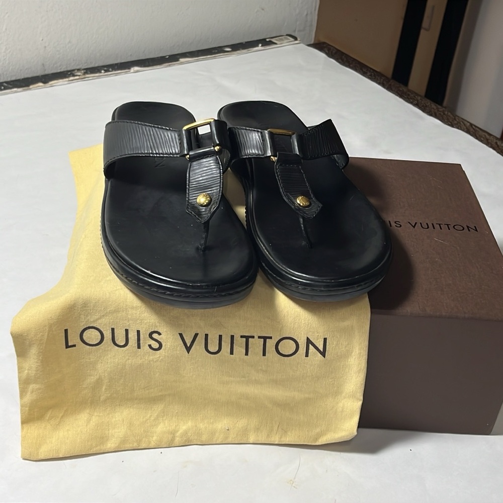 Louis Vuitton Black Leather Sandals with Gold Details
